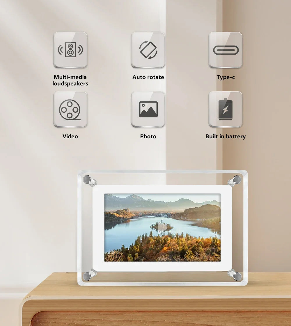 ClearFrame Acrylic Digital Photo Frame β Portable IPS Display with Built-in Battery