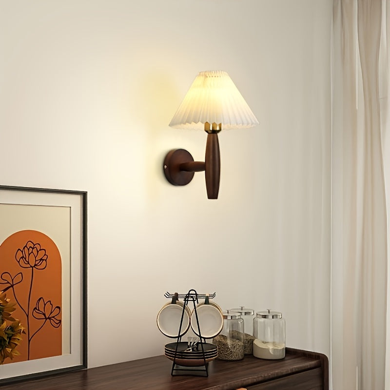 Nordic Wooden Wall Sconce with Pleated Shade – Retro Bedside Lamp