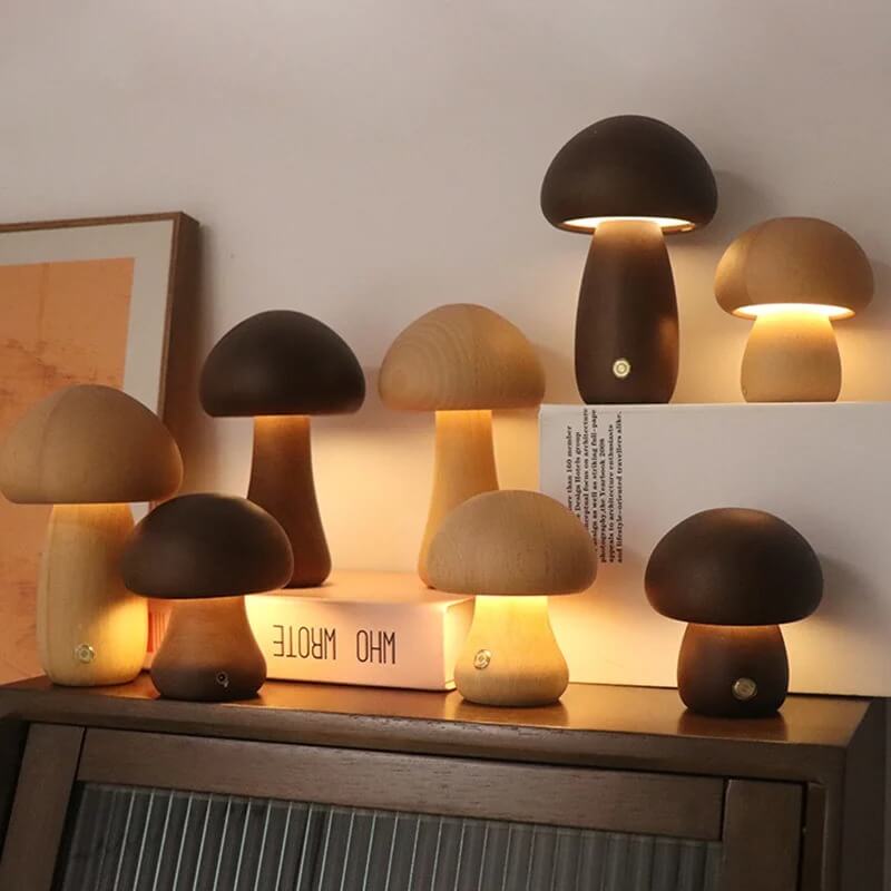 Charming Portobello Mushroom Lamp with Natural Wood Finish — Rechargeable Night Light
