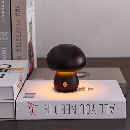 Charming Portobello Mushroom Lamp with Natural Wood Finish — Rechargeable Night Light