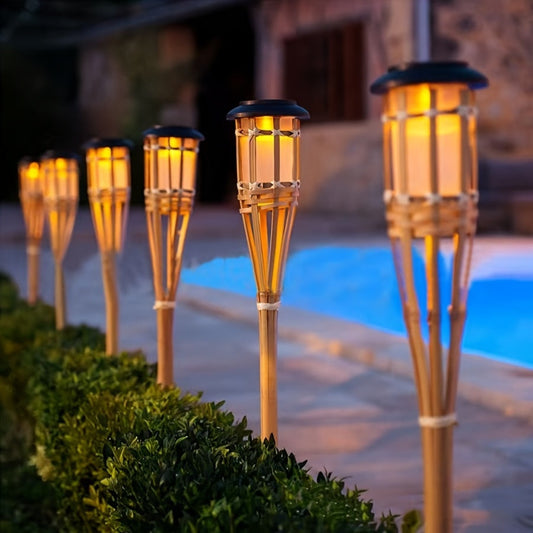 2-Pack Solar Bamboo Flame Lights – 12-LED Outdoor Garden Lanterns for a Cozy, Flickering Glow