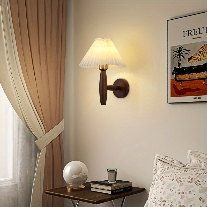Nordic Wooden Wall Sconce with Pleated Shade – Retro Bedside Lamp