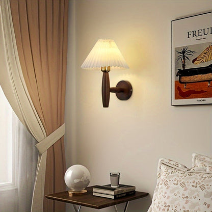 Nordic Wooden Wall Sconce with Pleated Shade – Retro Bedside Lamp