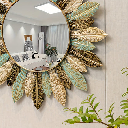 Vibrant Bohemian Sunburst Metal Wall Mirror in Teal & Gold Leaf Finish