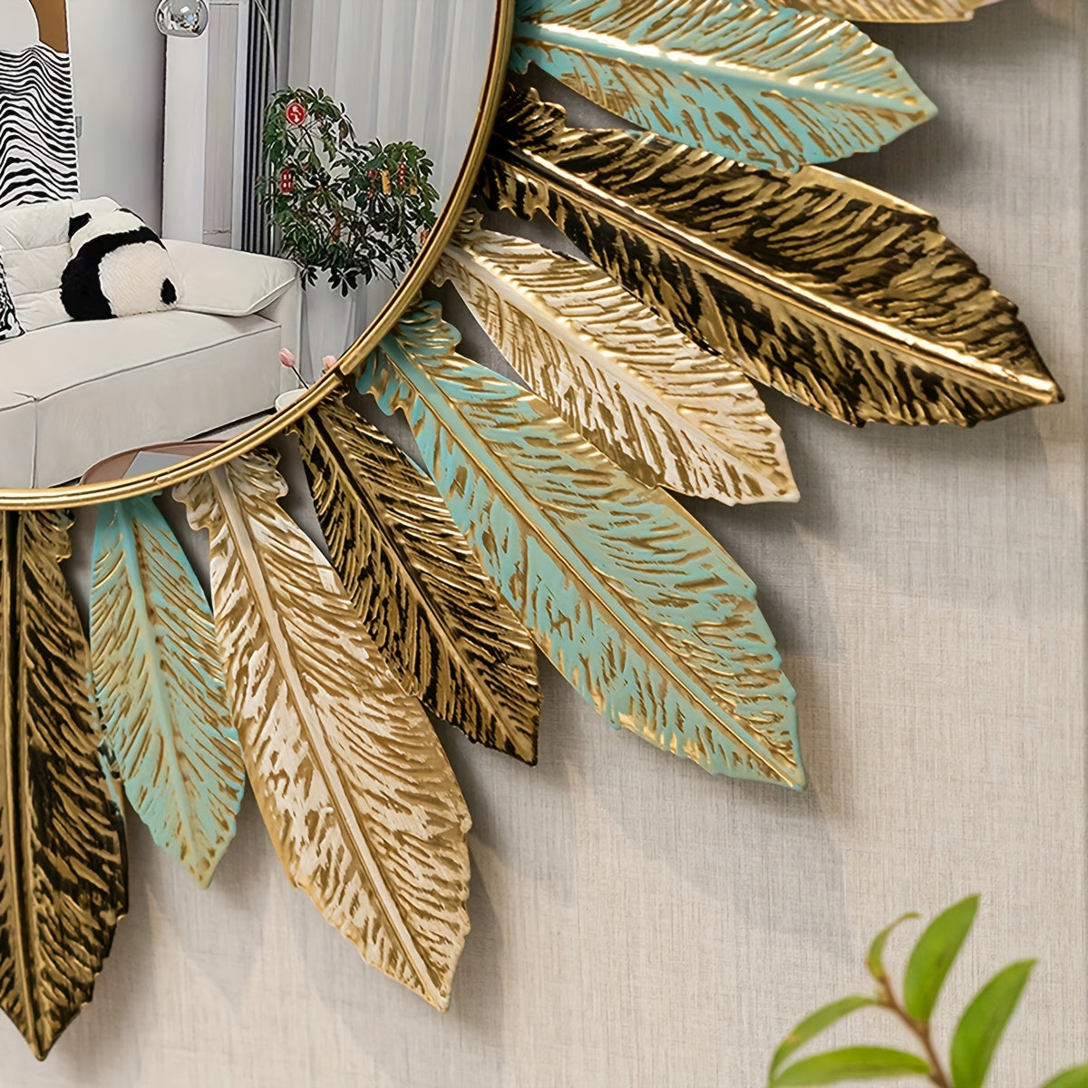 Vibrant Bohemian Sunburst Metal Wall Mirror in Teal & Gold Leaf Finish