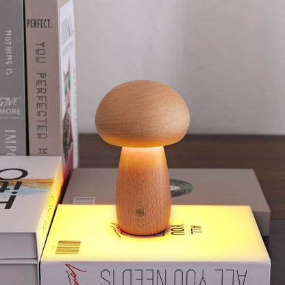 Charming Portobello Mushroom Lamp with Natural Wood Finish — Rechargeable Night Light