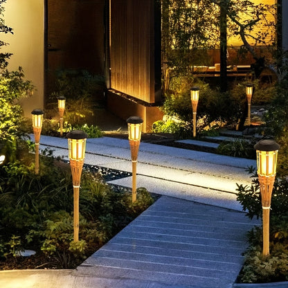 2-Pack Solar Bamboo Flame Lights – 12-LED Outdoor Garden Lanterns for a Cozy, Flickering Glow