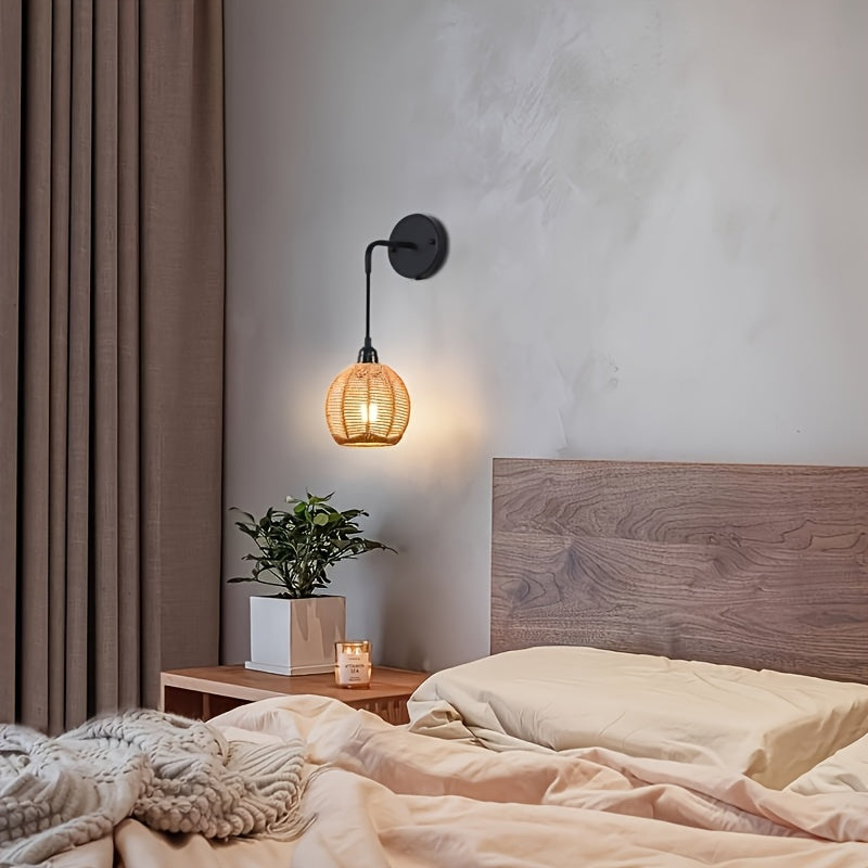 Boho Rattan Wall Lamp - Handwoven Sconce for Cozy Bedside & Living Room Lighting