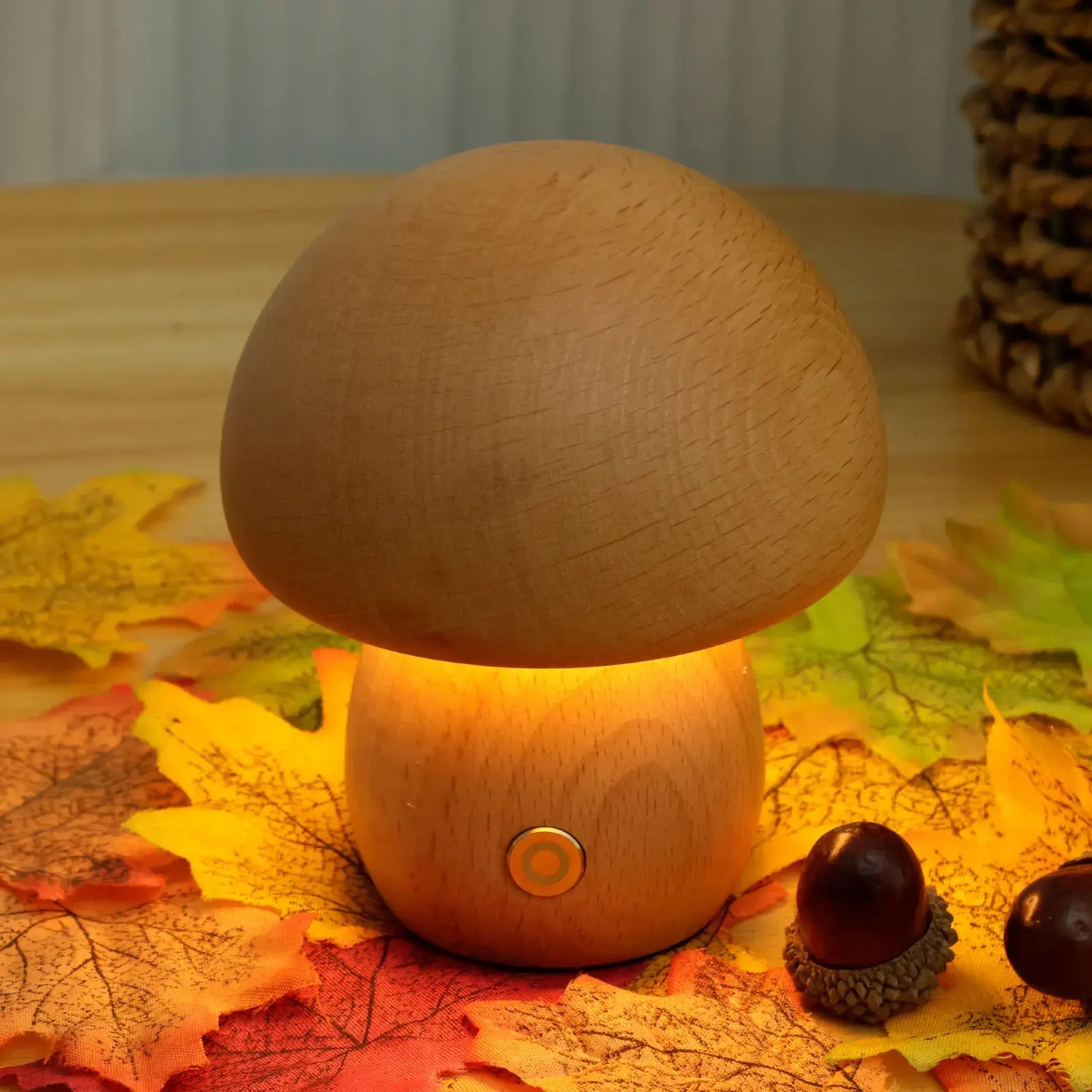 Charming Portobello Mushroom Lamp with Natural Wood Finish — Rechargeable Night Light