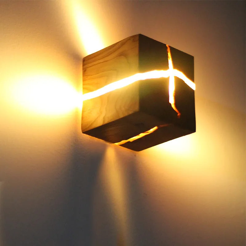 WoodAura Wall Light — Hand-Carved Solid Wood with Resin Inlay Design
