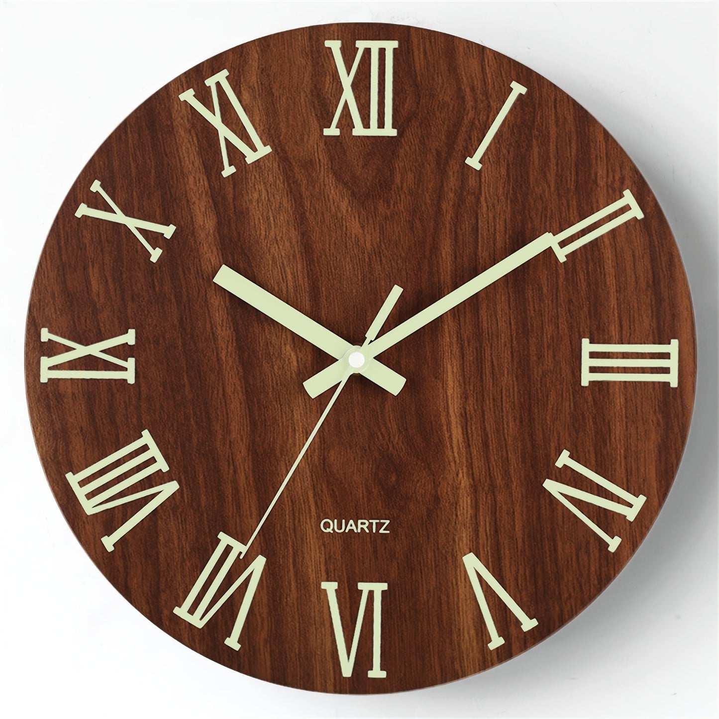 Walnut Luminous Wall Clock - Silent Movement with Glow-in-the-Dark Display in a Sleek Wooden Design