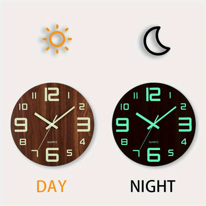 Walnut Luminous Wall Clock - Silent Movement with Glow-in-the-Dark Display in a Sleek Wooden Design