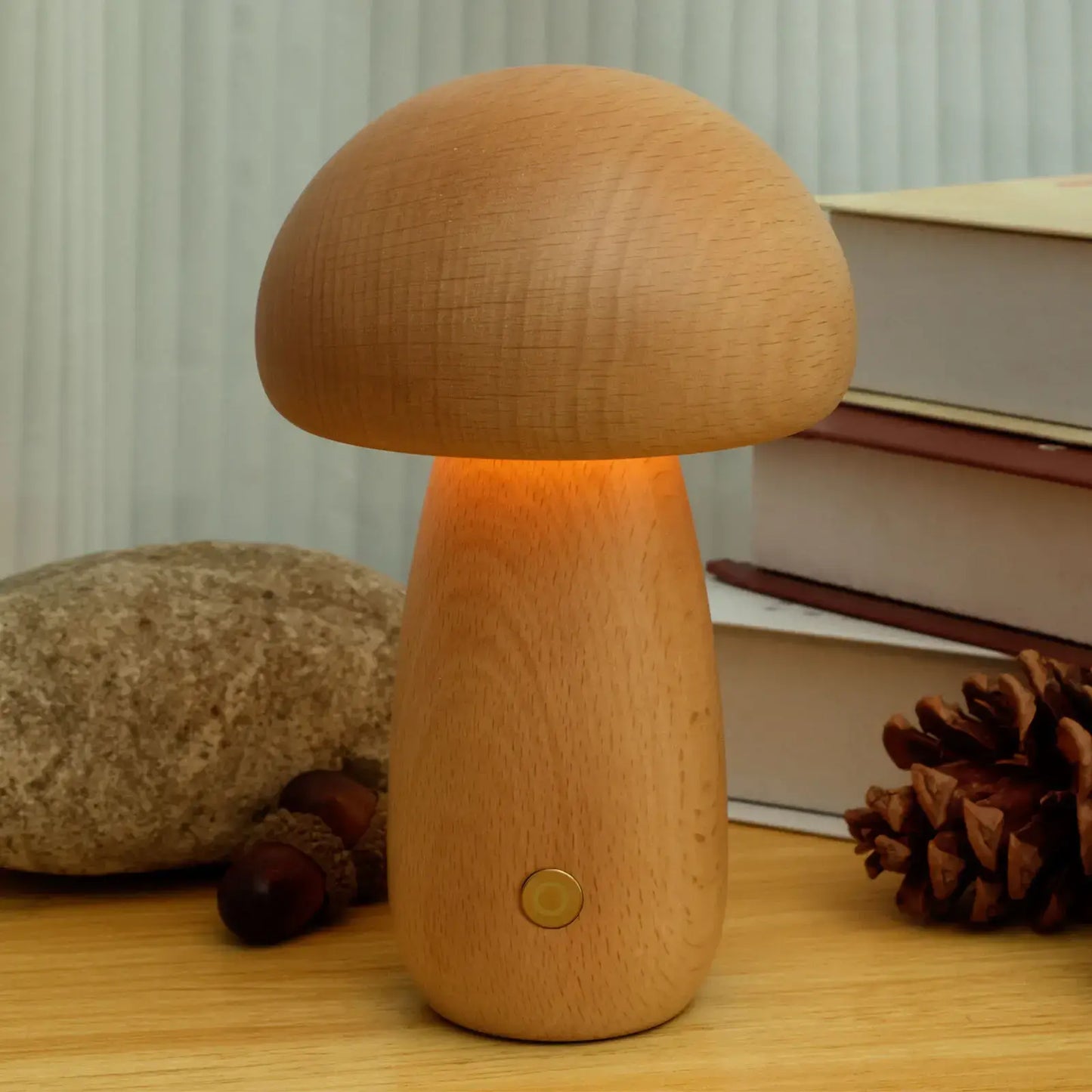 Charming Portobello Mushroom Lamp with Natural Wood Finish — Rechargeable Night Light