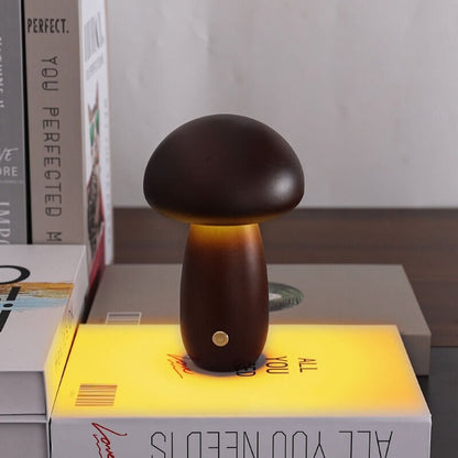 Charming Portobello Mushroom Lamp with Natural Wood Finish — Rechargeable Night Light