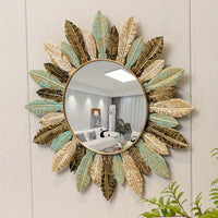 Vibrant Bohemian Sunburst Metal Wall Mirror in Teal & Gold Leaf Finish