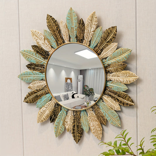 Vibrant Bohemian Sunburst Metal Wall Mirror in Teal & Gold Leaf Finish