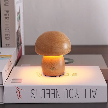 Charming Portobello Mushroom Lamp with Natural Wood Finish — Rechargeable Night Light