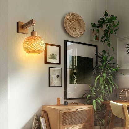 Rustic Wooden Wall Sconce with Handwoven Rattan Accent