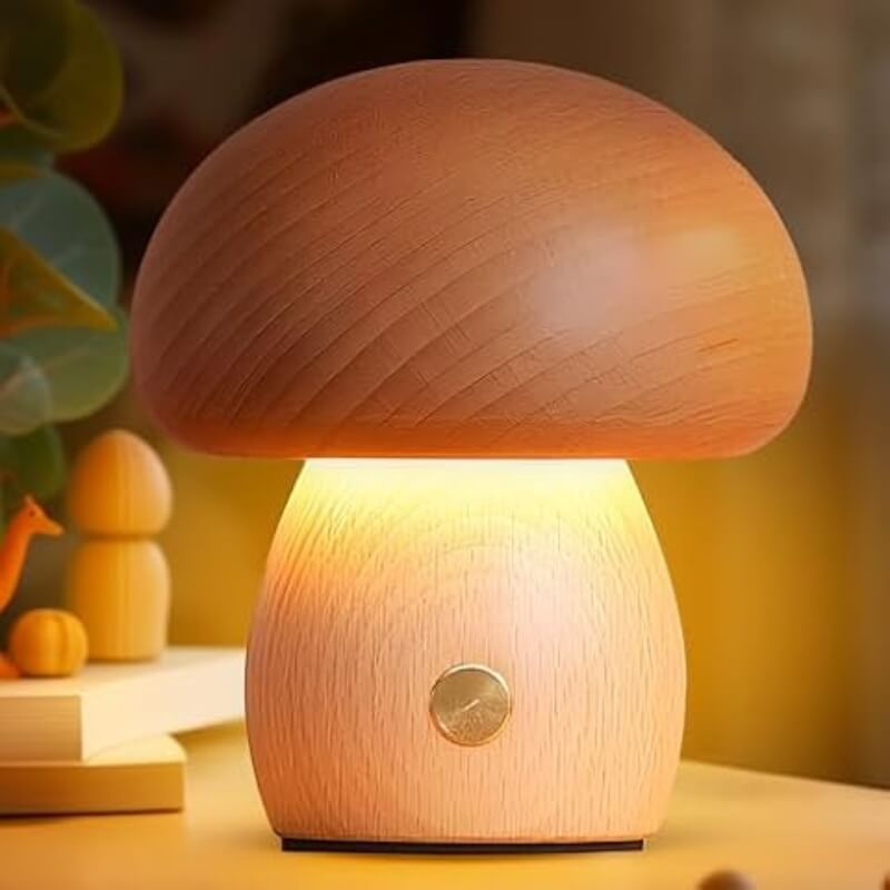 Charming Portobello Mushroom Lamp with Natural Wood Finish — Rechargeable Night Light