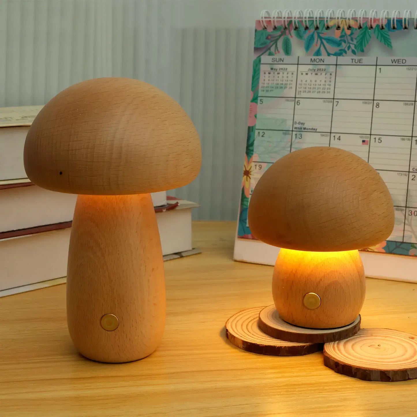 Charming Portobello Mushroom Lamp with Natural Wood Finish — Rechargeable Night Light