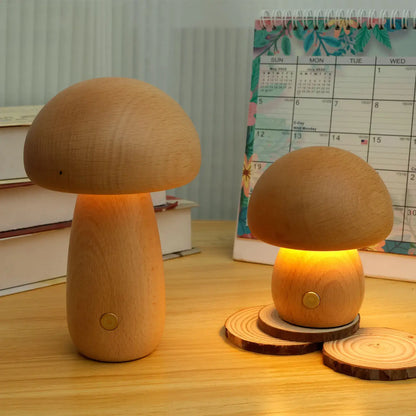 Charming Portobello Mushroom Lamp with Natural Wood Finish — Rechargeable Night Light