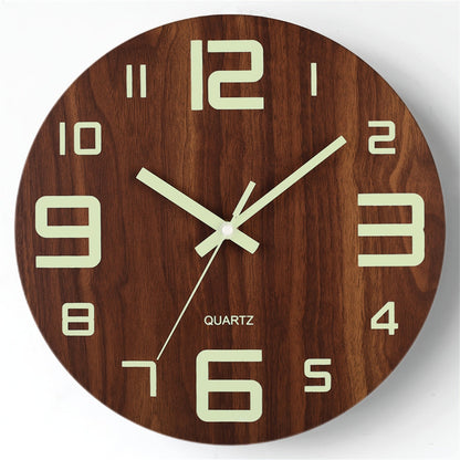 Walnut Luminous Wall Clock - Silent Movement with Glow-in-the-Dark Display in a Sleek Wooden Design
