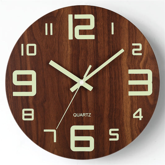 Walnut Luminous Wall Clock - Silent Movement with Glow-in-the-Dark Display in a Sleek Wooden Design