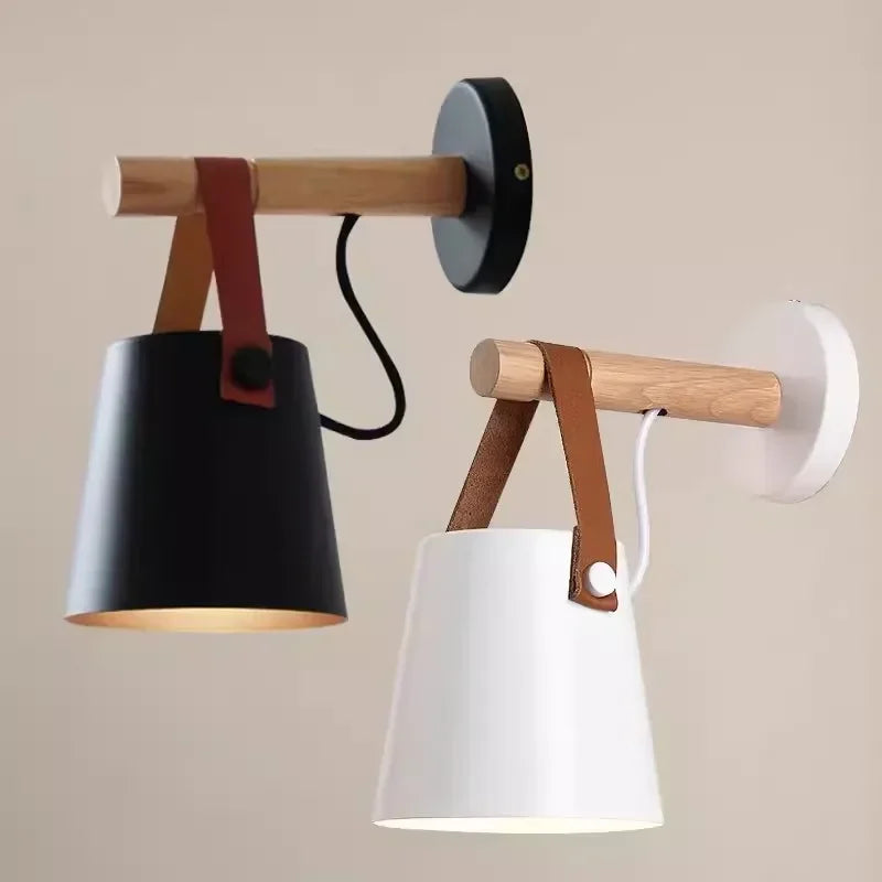 Nordic Wood & Leather Wall Lamp — Cozy Hanging Bedside Light