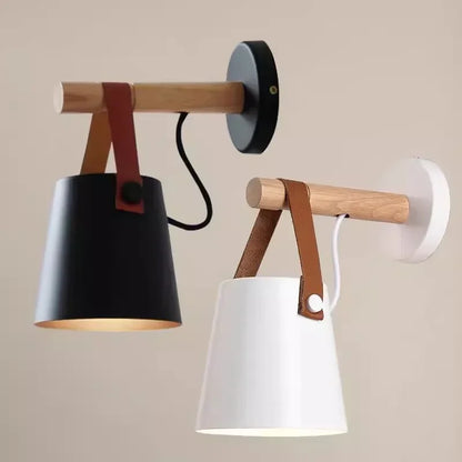 Nordic Wood & Leather Wall Lamp — Cozy Hanging Bedside Light