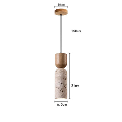 Wabi-Sabi Travertine & Wood Pendant Light — Subtle Japanese Minimalist Bedside Lighting