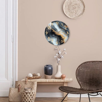 Elegant Blue & Gold Marble Wall Clock with Quiet Wooden Design