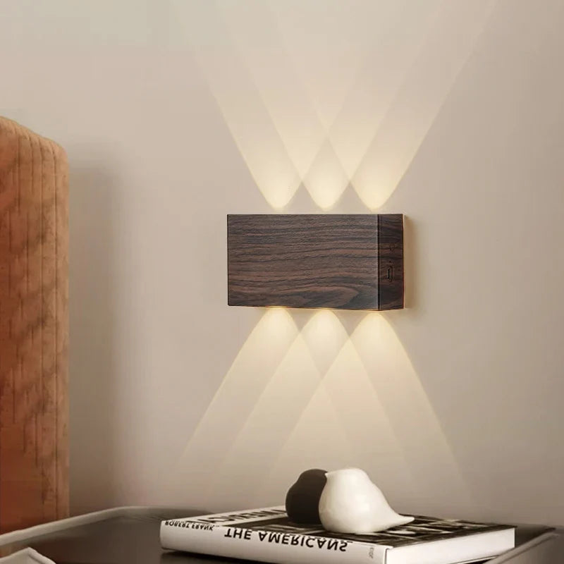 LumiBlock Wireless Rechargeable Wall Lamp — Minimalist Wood-Grain Design for Cozy, Modern Ambience