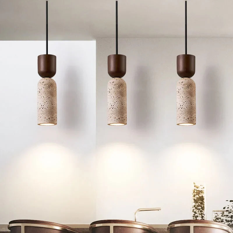 Wabi-Sabi Travertine & Wood Pendant Light — Subtle Japanese Minimalist Bedside Lighting