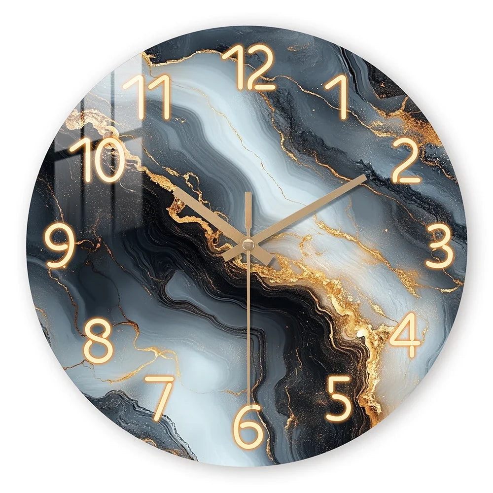 Elegant Blue & Gold Marble Wall Clock with Quiet Wooden Design