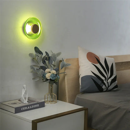 Modern Coloured Glass Wall Lamp with Textured LED Disc Light – Sleek, Ambient Lighting