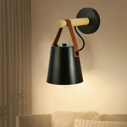 Nordic Wood & Leather Wall Lamp — Cozy Hanging Bedside Light