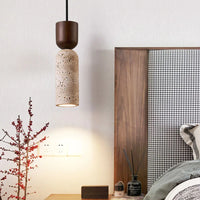 Wabi-Sabi Travertine & Wood Pendant Light — Subtle Japanese Minimalist Bedside Lighting