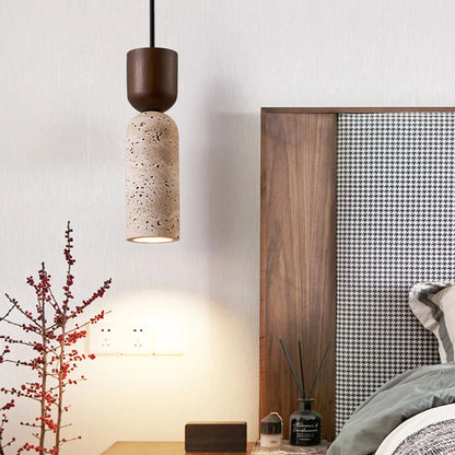 Wabi-Sabi Travertine & Wood Pendant Light — Subtle Japanese Minimalist Bedside Lighting