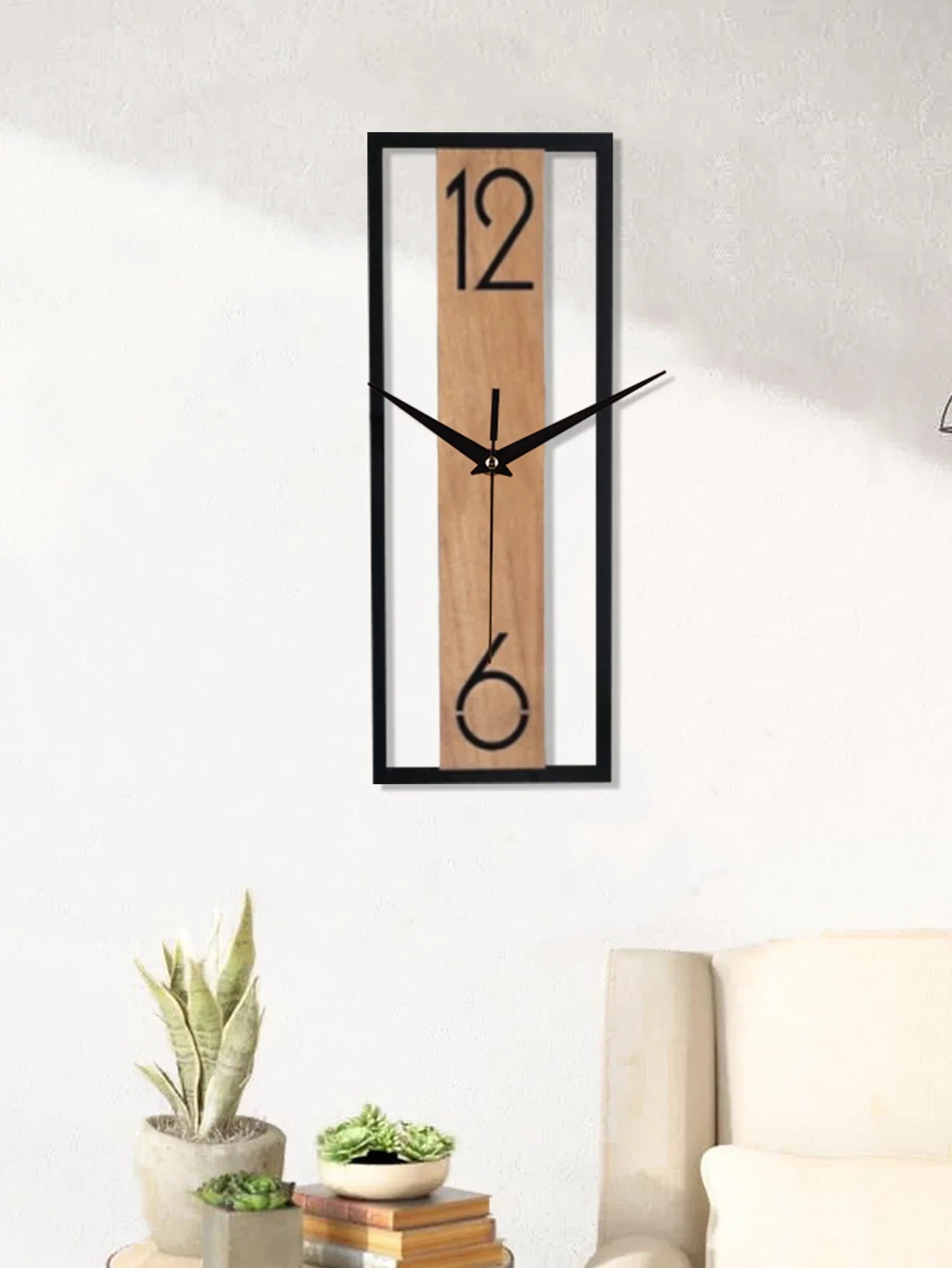 Sleek Modern Rectangular Wall Clock with a Slim Wood-Grain Frame