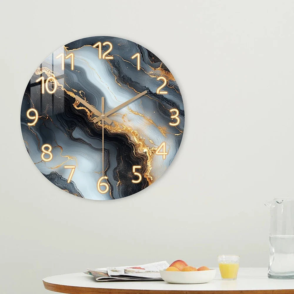 Elegant Blue & Gold Marble Wall Clock with Quiet Wooden Design
