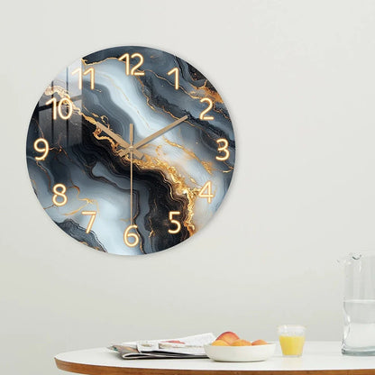 Elegant Blue & Gold Marble Wall Clock with Quiet Wooden Design
