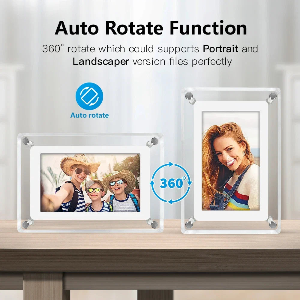 ClearFrame Acrylic Digital Photo Frame — Portable IPS Display with Built-in Battery