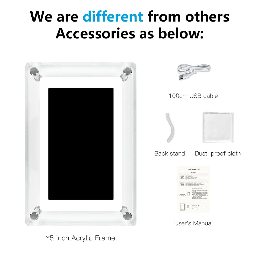 ClearFrame Acrylic Digital Photo Frame — Portable IPS Display with Built-in Battery