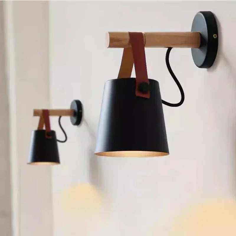 Nordic Wood & Leather Wall Lamp — Cozy Hanging Bedside Light