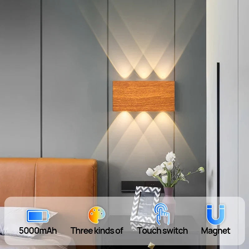 LumiBlock Wireless Rechargeable Wall Lamp — Minimalist Wood-Grain Design for Cozy, Modern Ambience