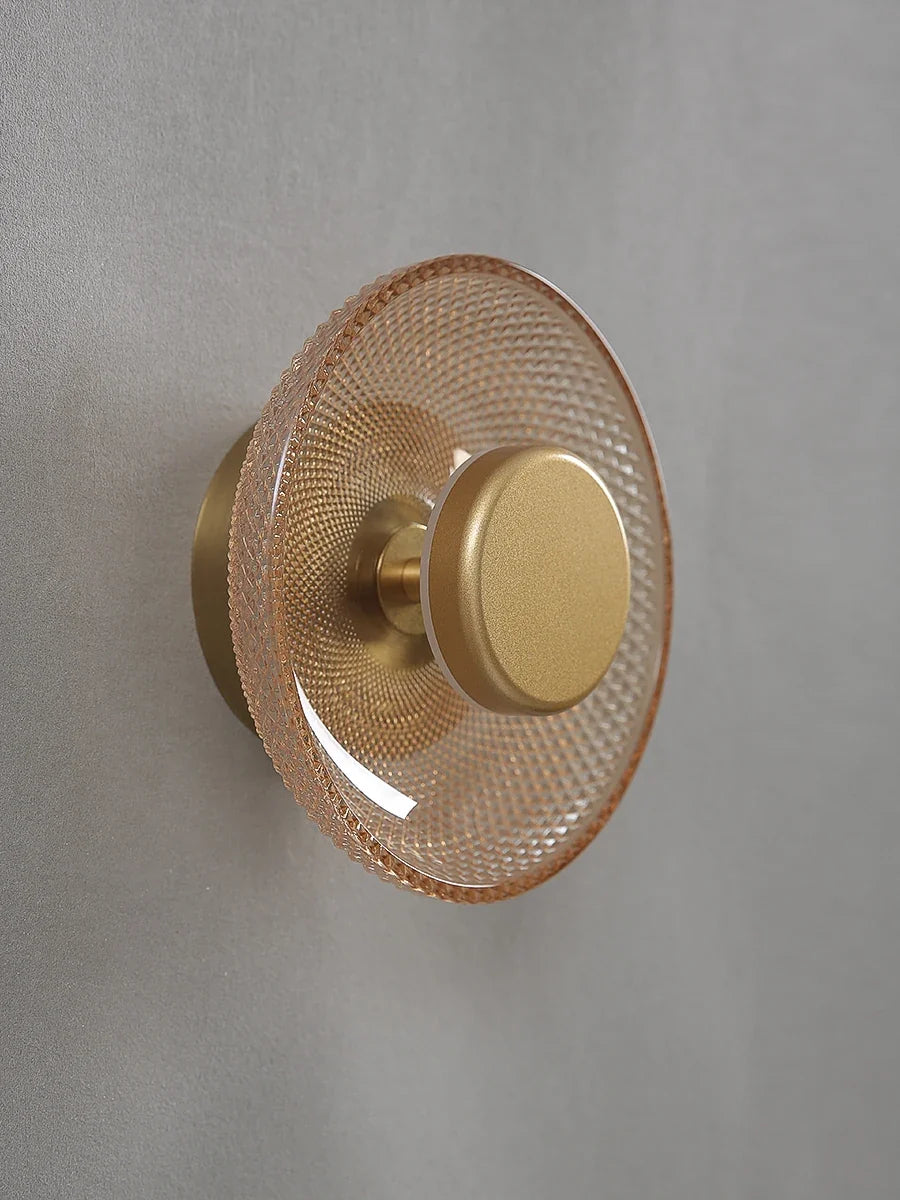 Modern Coloured Glass Wall Lamp with Textured LED Disc Light – Sleek, Ambient Lighting