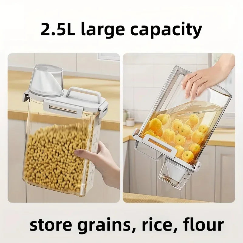 2.5L Airtight Grain Storage Canister with Measuring Cup – Keeps Rice, Cereal & Flour Fresh and Easy to Measure