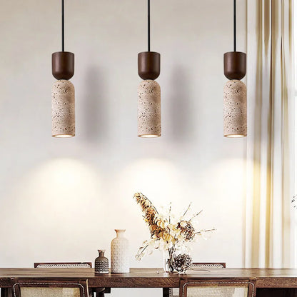 Wabi-Sabi Travertine & Wood Pendant Light — Subtle Japanese Minimalist Bedside Lighting