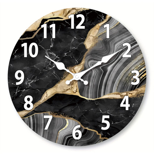 MarbellaTime Modern Round Wooden Wall Clock with Silent Marble Design