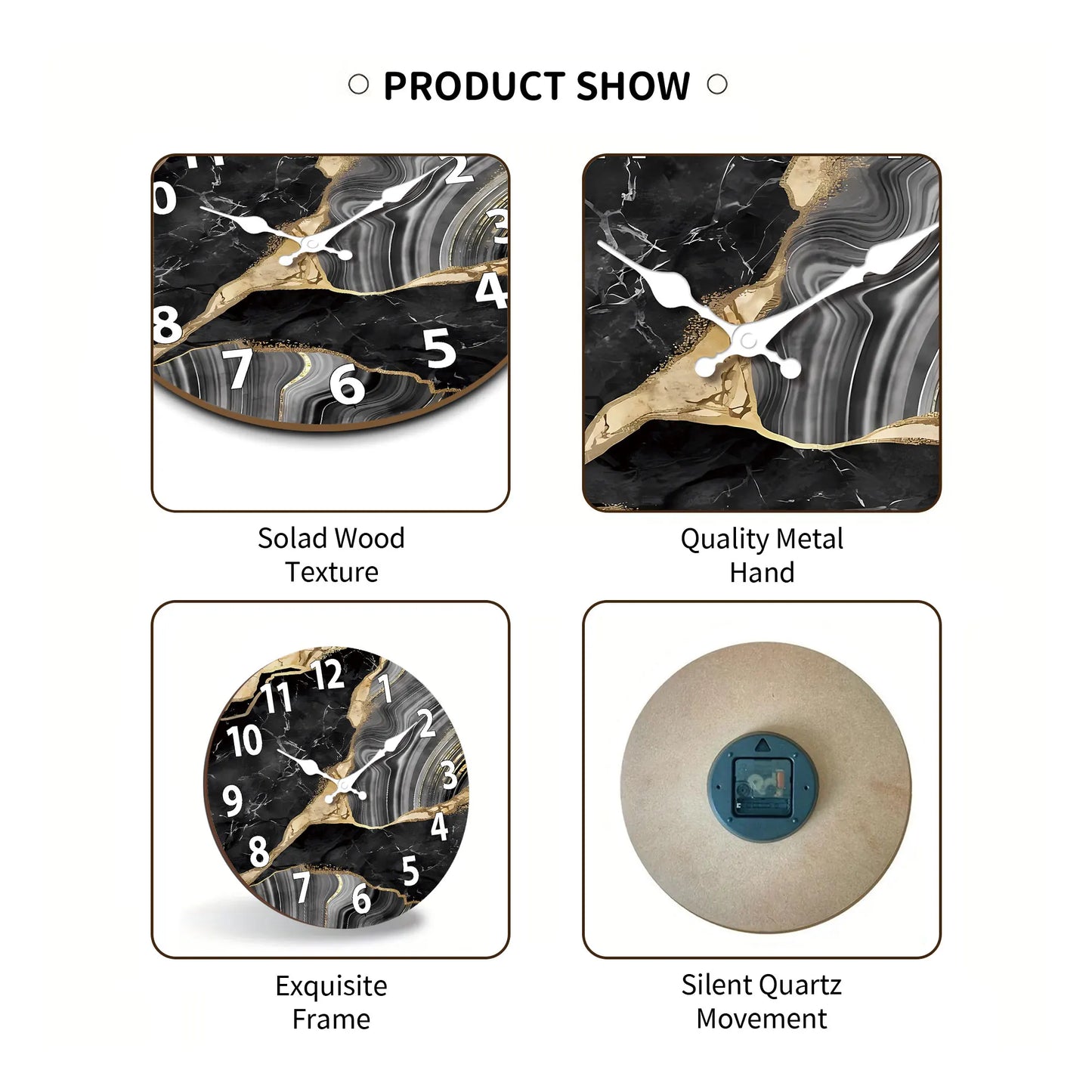 MarbellaTime Modern Round Wooden Wall Clock with Silent Marble Design